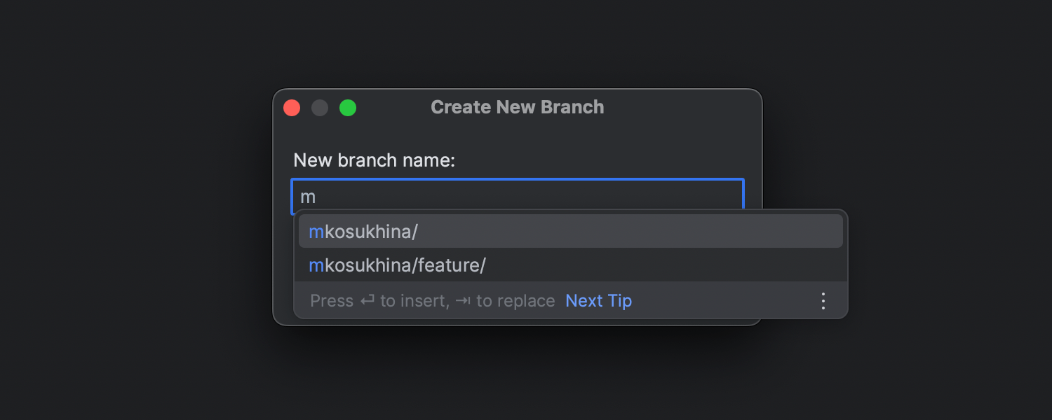 Create New Branch(创建新分支)弹出窗口中的自动补全